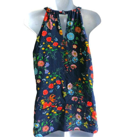 SiLK Ecru Brand Navy Floral Cami Top High Neck Keyhole Button Back Lined S Small - Picture 5 of 9